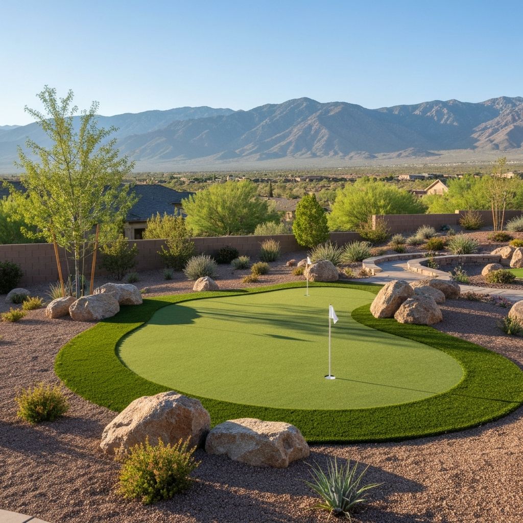 Backyard oasis with putting green and boulder accents in South Reno