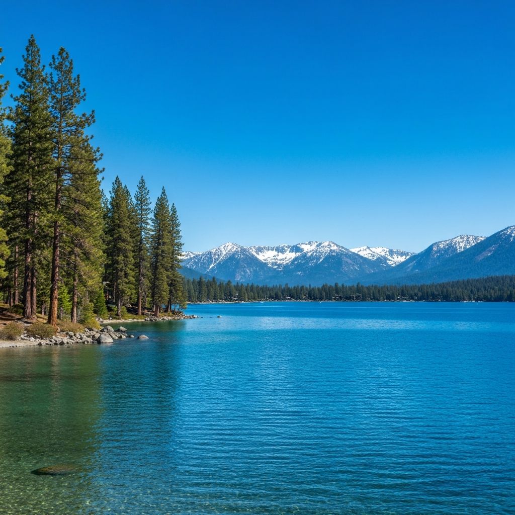 Crystal blue Lake Tahoe shoreline at Incline Village with pine trees and mountains