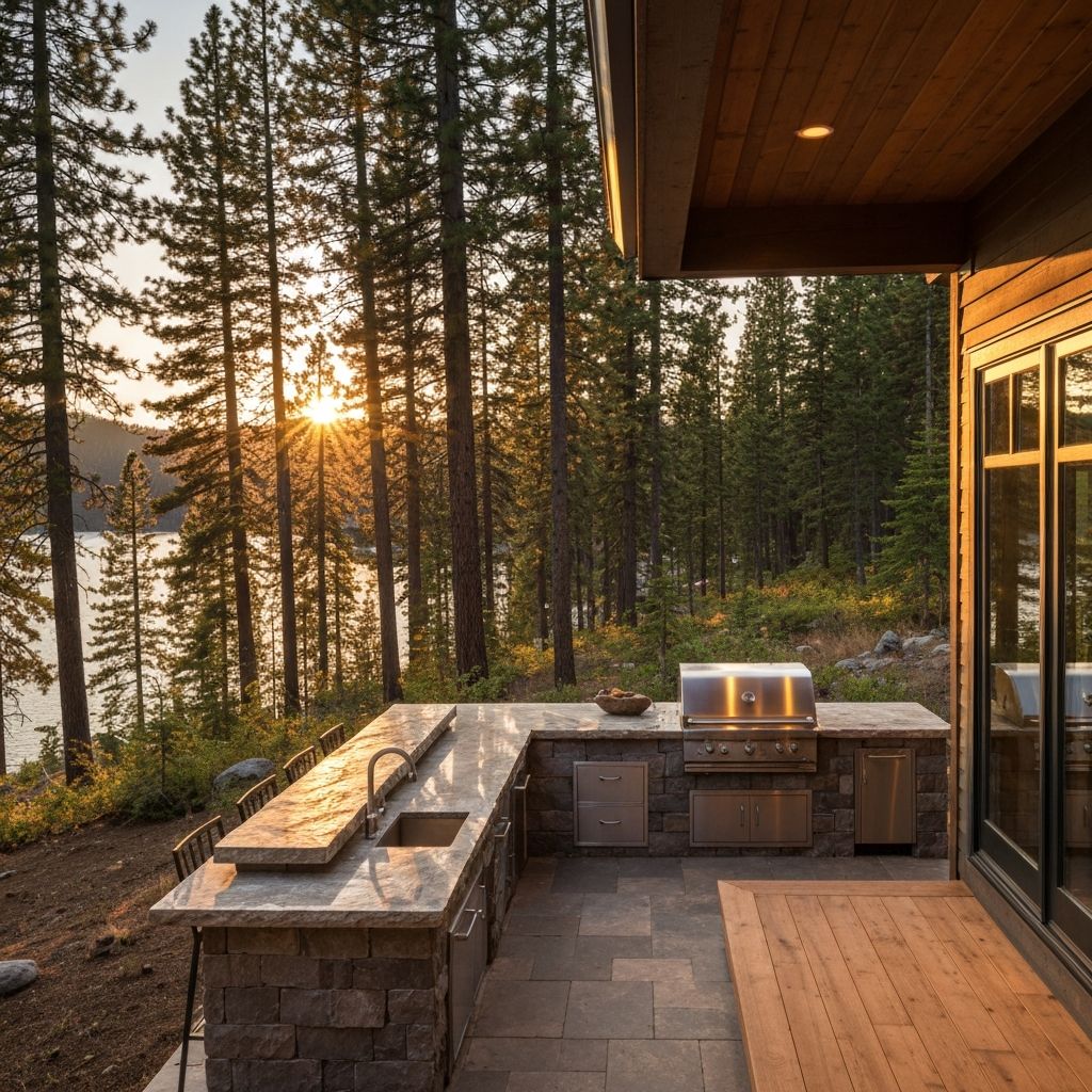 Luxury outdoor kitchen with stone countertops at Lake Tahoe home