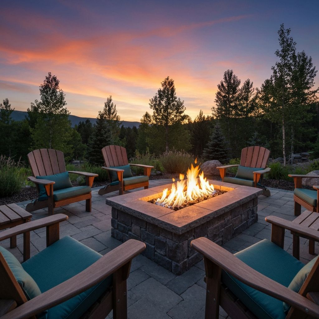 Luxury stone fire pit with evening glow in mountain setting