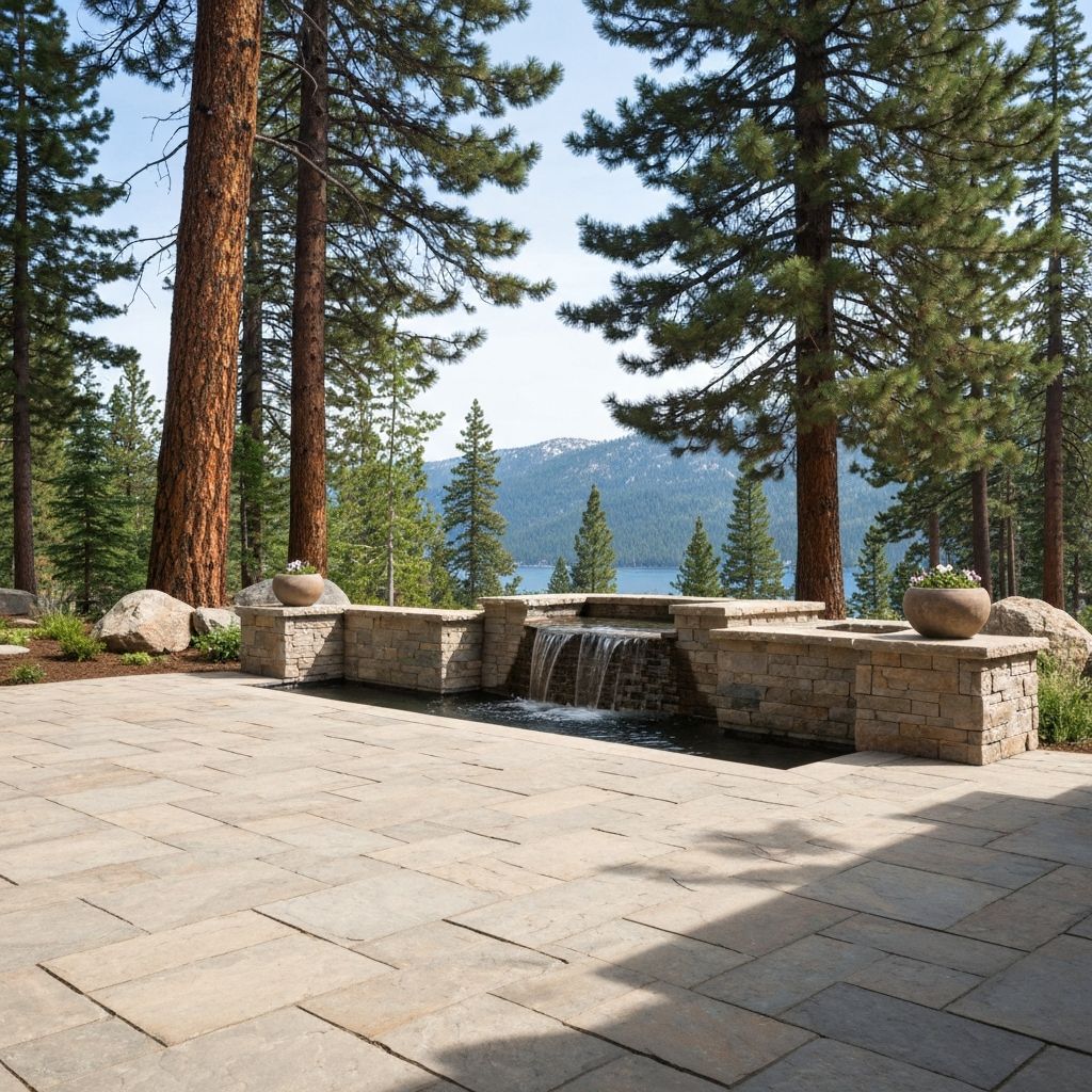 Heated paver patio with water feature at Incline Village home