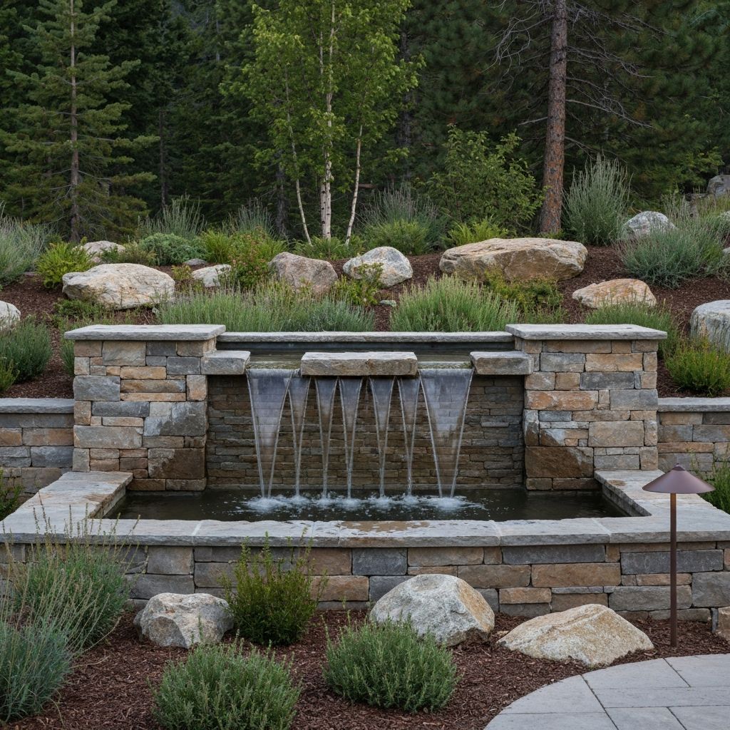 Natural stone water feature at Incline Village luxury residence