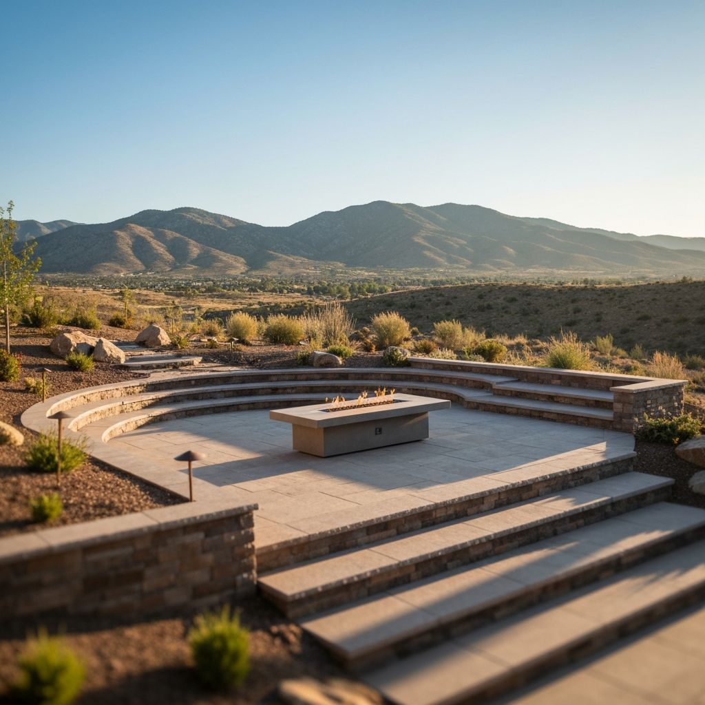 Multi-level terraced patio with fire table in Carson City