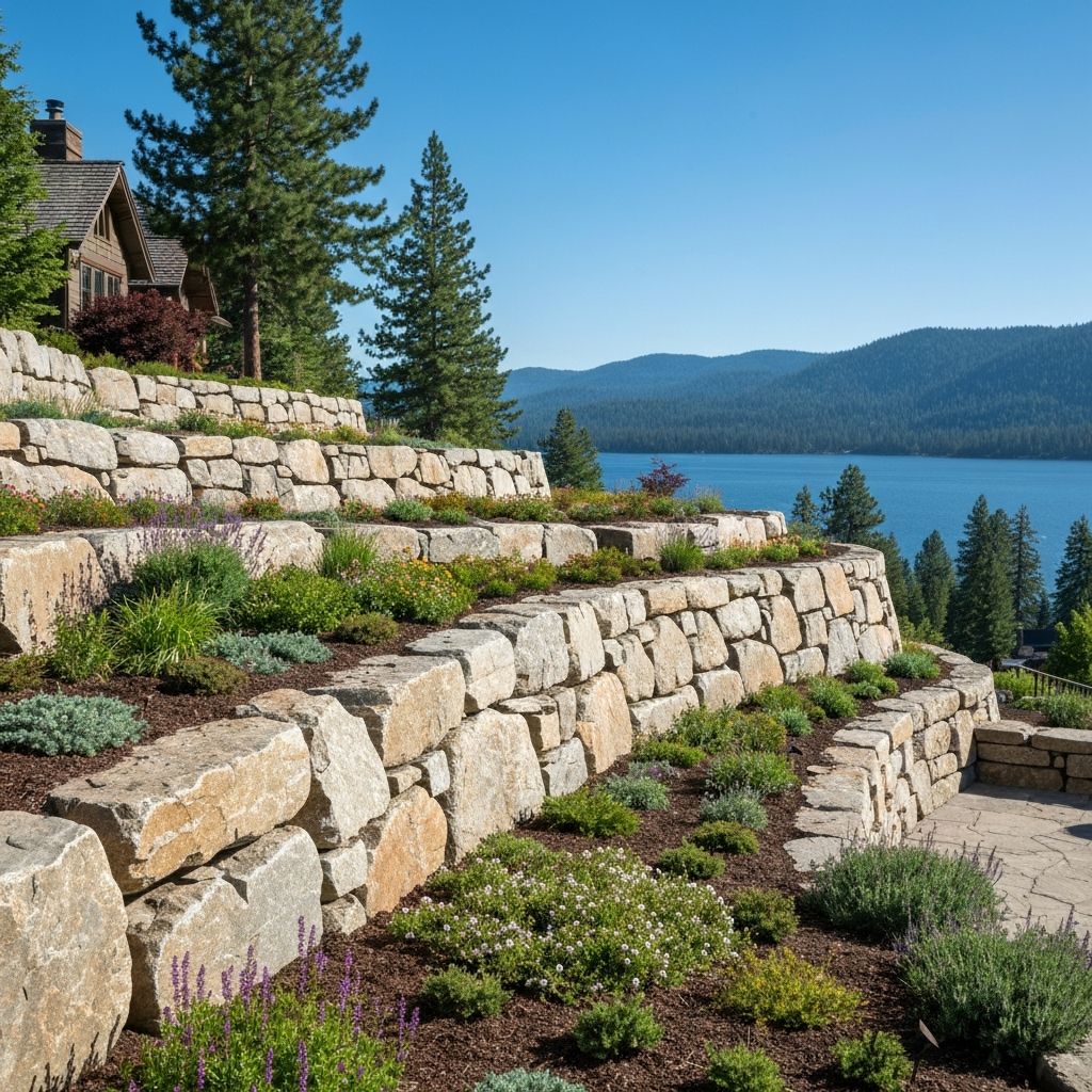 Natural stone retaining wall with terraced gardens in Lake Tahoe
