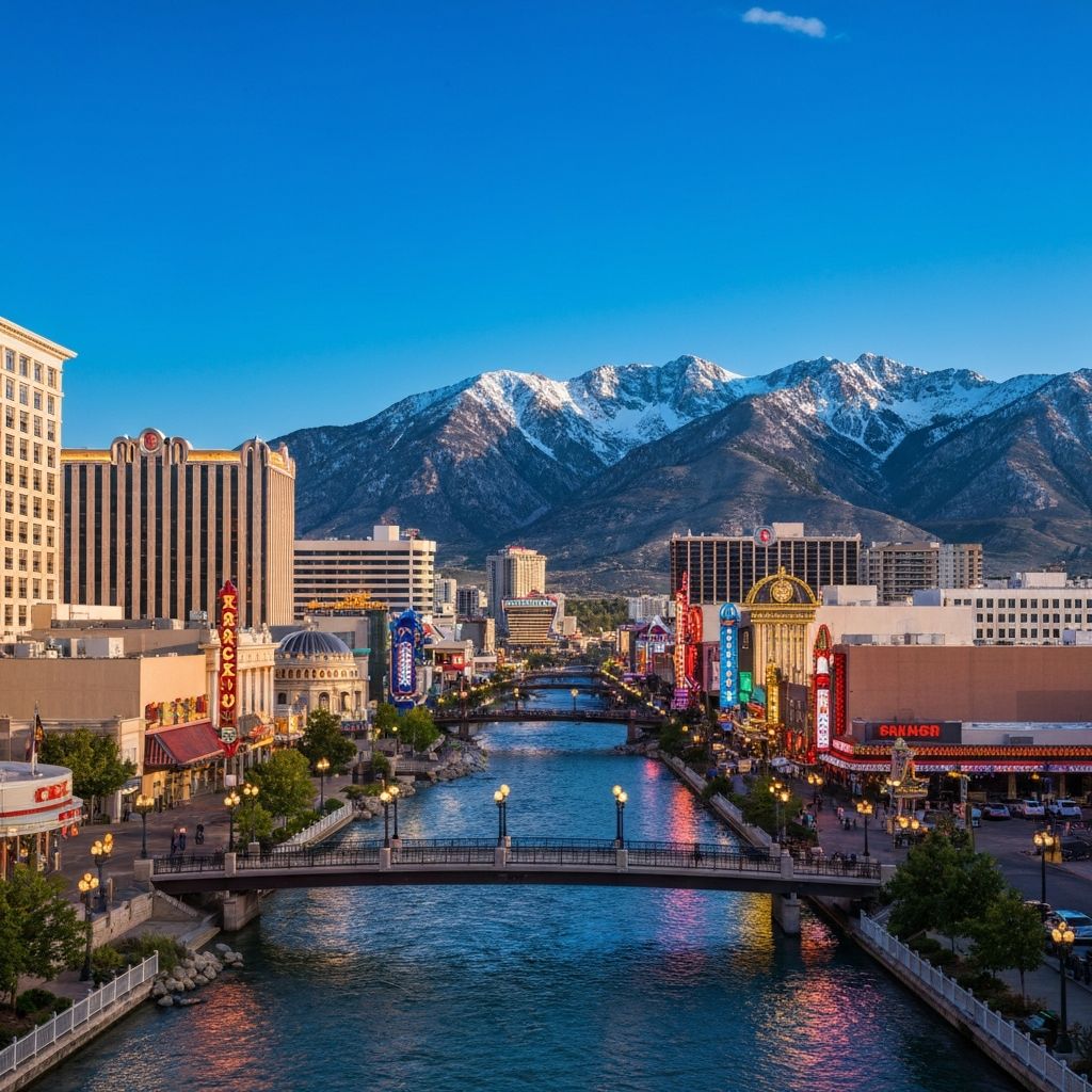 Downtown Reno skyline with Truckee River riverwalk and mountains