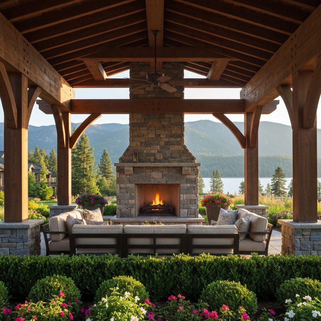 Covered outdoor living room with stone fireplace at Lake Tahoe home