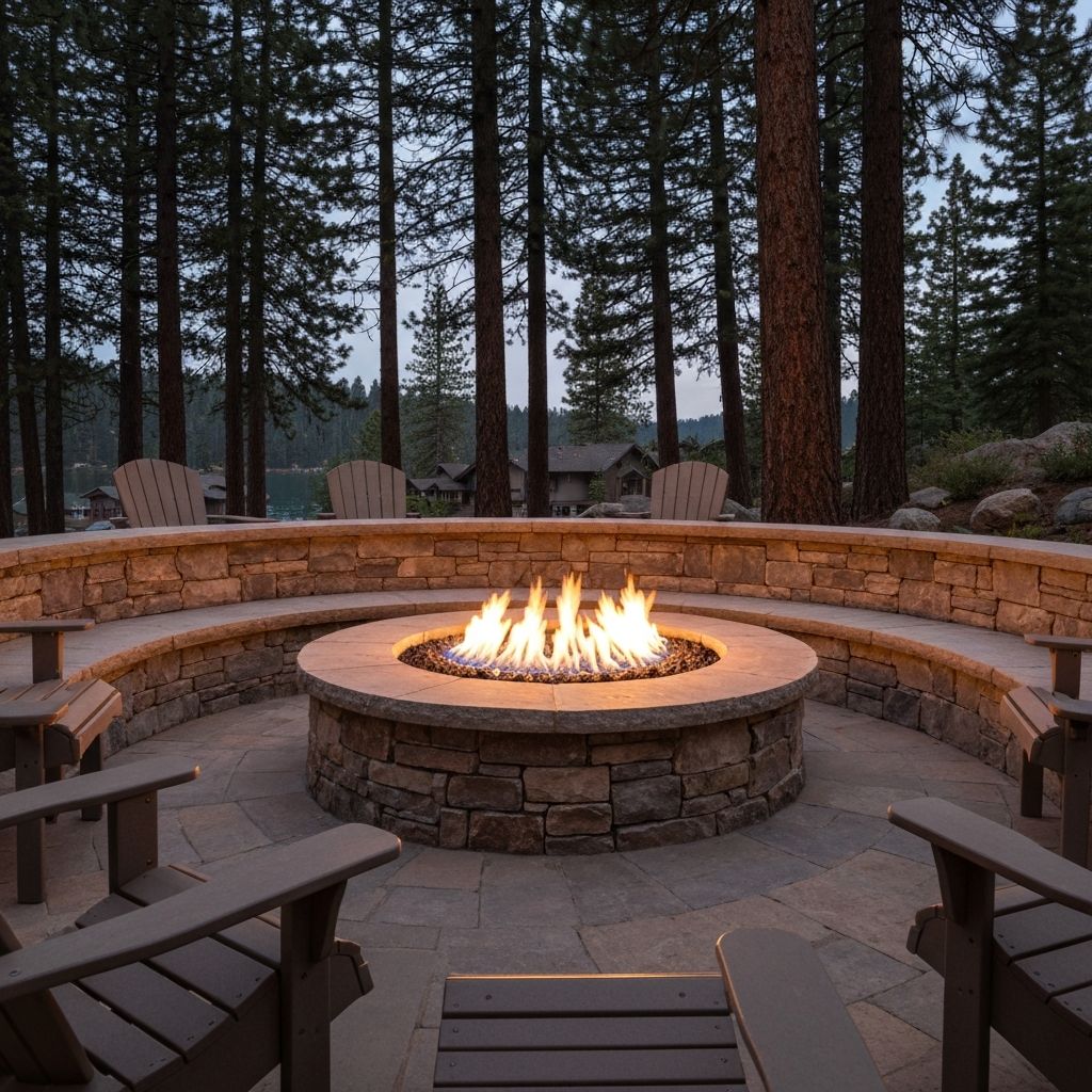 Built-in stone fire pit with seating wall