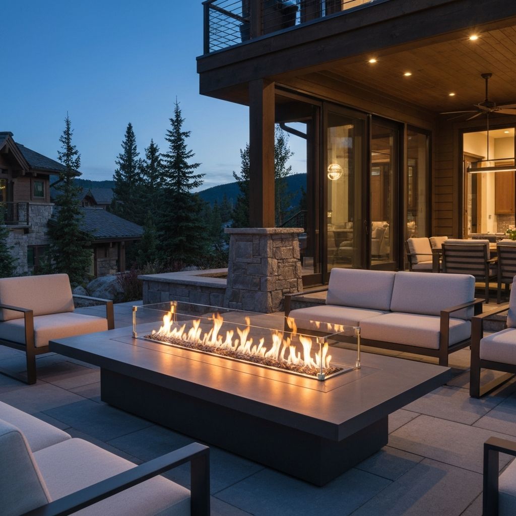 Modern fire table on stone patio