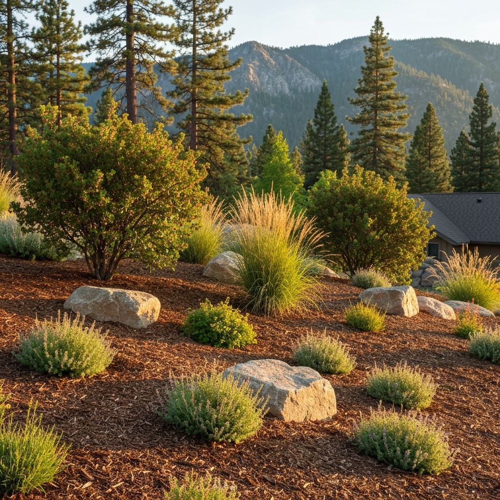 Tahoe-style native planting bed with drought-tolerant perennials