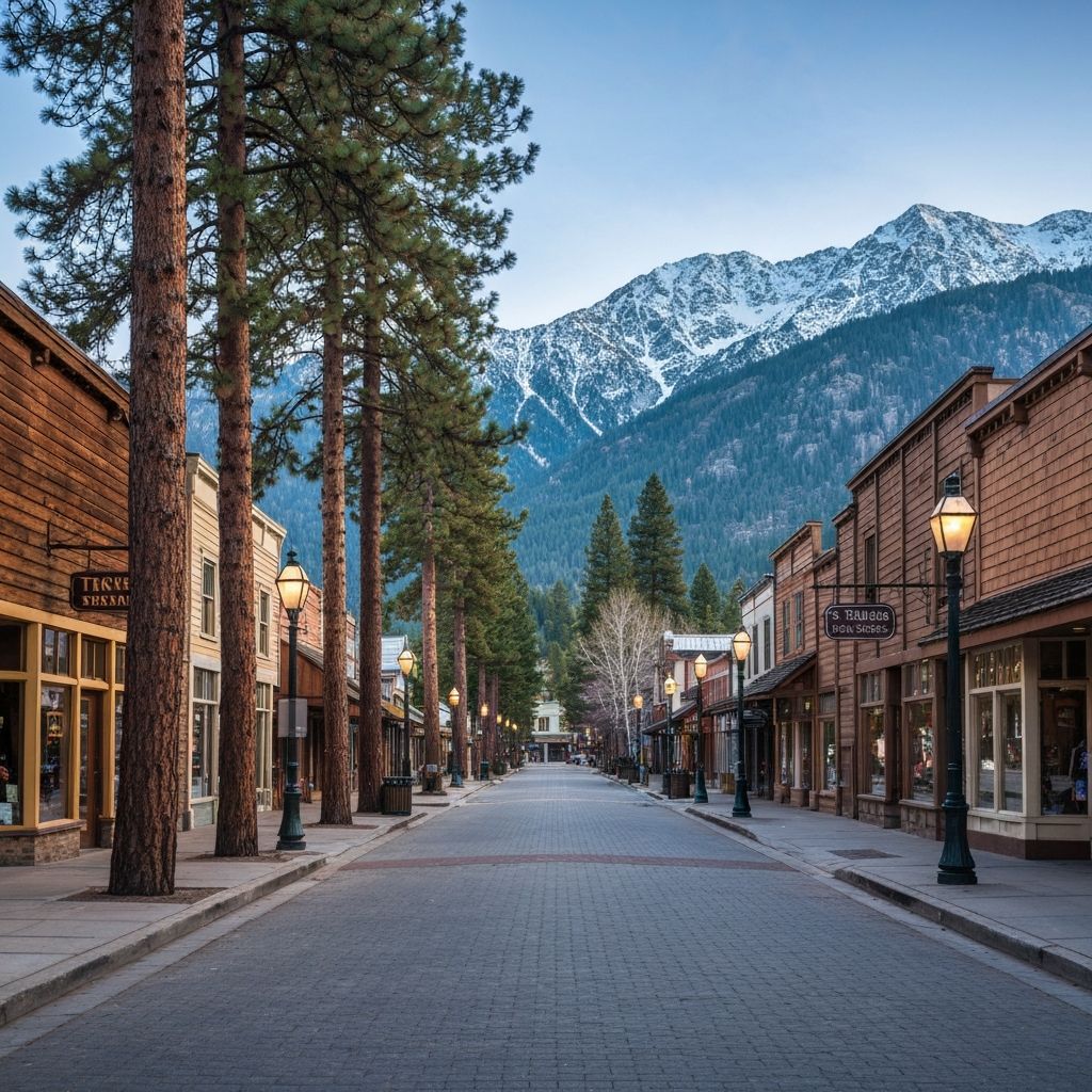Historic downtown Truckee with snow-capped mountains and pine forests